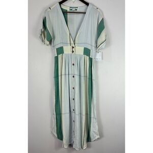O'Neill Button Midi Dress Small Green Cream Stripe Boho Coastal Beachy Preppy